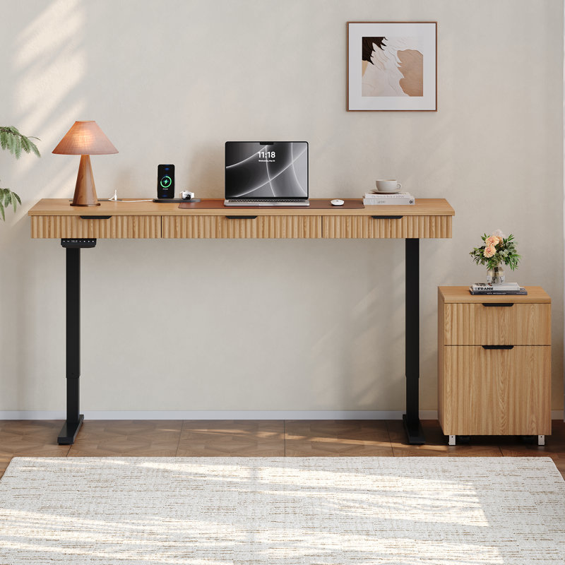 Bureau électrique debout avec classeur et prises de courant, ensemble de bureau cannelé moderne pour bureau à domicile