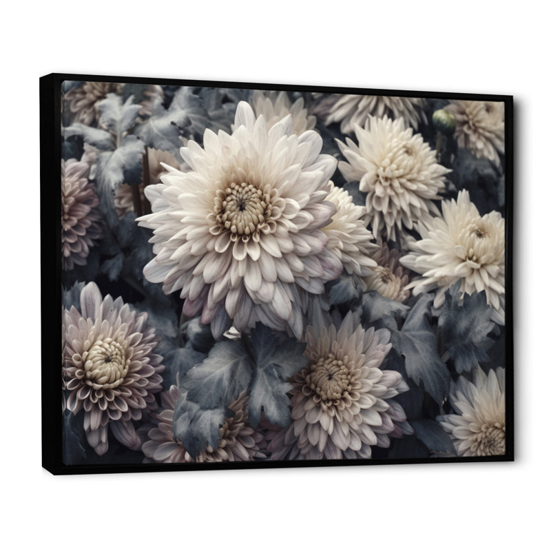 «Cream Grey Chrysanthemums Field» sur impression sur toile, Cadre flottant noir, H 12 po x l 20 po x P 1 po
