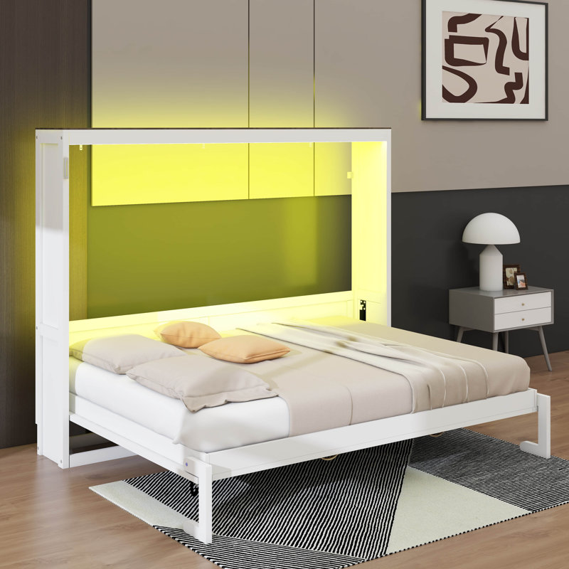 Lit escamotable avec lumière DEL, peut être plié dans une armoire, armoire murale cachée, Full, Blanc / Brun