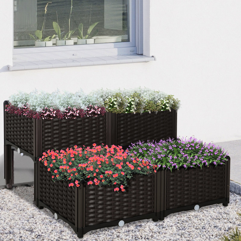 Boîte à fleurs surélevée 4 pieds avec pieds, arrosage automatique pour herbes, légumes, fleurs, lit de jardin en plastique brun