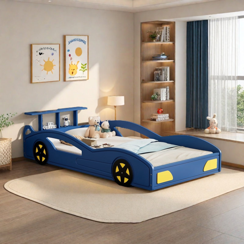 Kids Car Bed With Tail Style Shelves, Blue