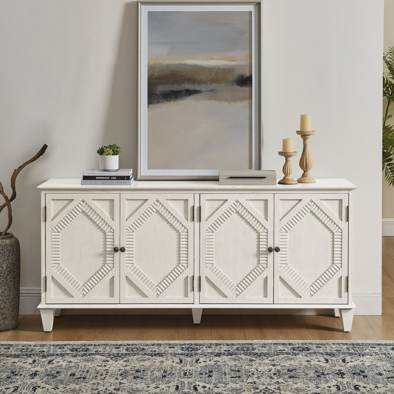 Buffet blanc antique de 65,2 po, construction moderne, rangement spacieux pour les fournitures pour animaux, design classique, lignes douces, bureau