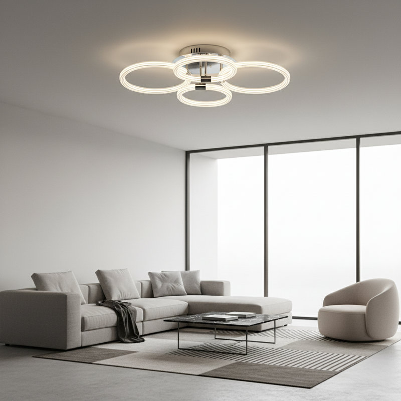 Modern 4-ring Dimmable Integrated Led Flush Mount Ceiling Light With Remote Control, 4 lumières