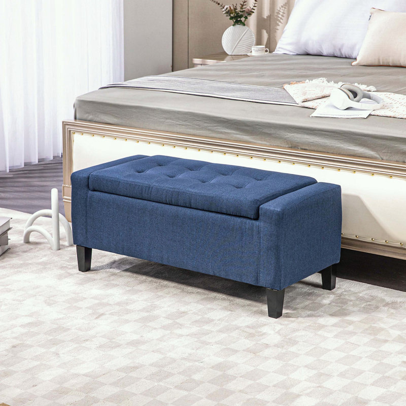 Repose-pieds en lin avec dessus relevable et capitonnage à boutons, Bleu