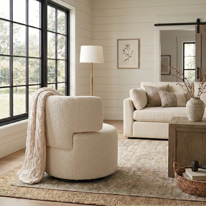 Fauteuil d'appoint pivotant avec coussin décoratif Narissa, Ours en peluche avoine