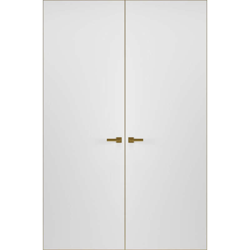 Porte double invisible moderne en bois massif avec poignée Planum 0010, apprêtée avec cadre invisible doré, 91,4 cm x 213,4 cm, ouverture extérieure à gauche, charnières dorées, poignée de verrouillage, armoire moderne en bois massif.