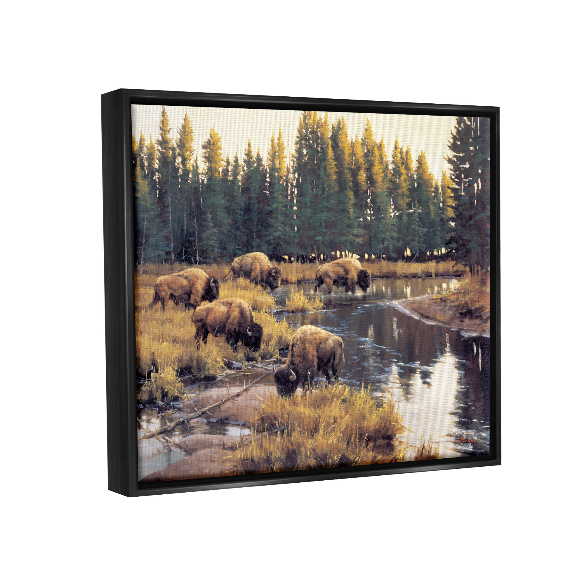Millwood Pines Bison Grazing Along Stream Framed Floater Canvas Wall ...