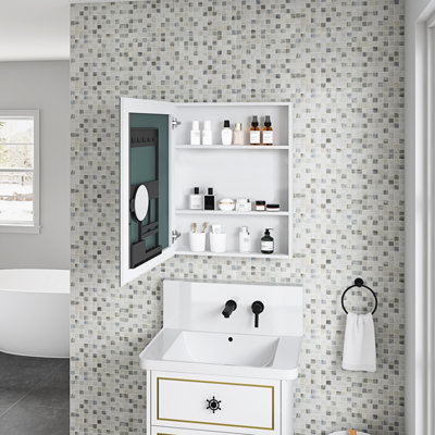 Bathroom Mirror Cabinet 24'' W X 30'' H - White 24''X30'' With Beveled For Storage