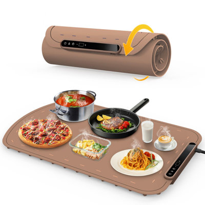 Electric Warming Tray, 7 Temperature Levels&Fast Heating, Portable Food Warmers, Auto Shut-Off&Child-Lock,Roll Up Silicone Food Warming Mat-Brown