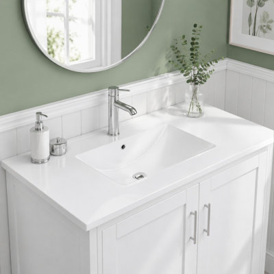White Ceramic Bathroom Sink with Pre-Drilled Faucet Hole, Modern Rectangular Vanity Sink, Easy-to-Clean Bathroom Basin, Fits 24/30/32/36-Inch Bathroom Vanities