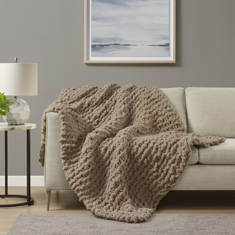 Plaid en grosse maille chenille marron, luxueux, doux et fait main, 127 x 152 cm, Brun