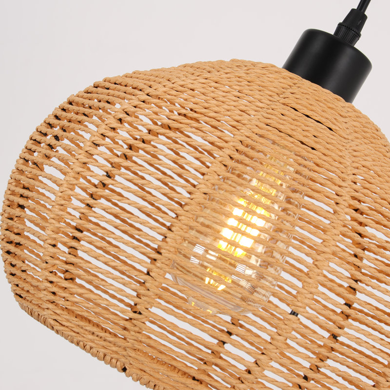 1-Light Steel and Rattan Pendant Light, 7.08" H x 9.84" W x 9.84" D