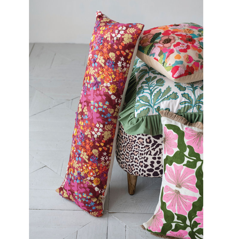Cotton Printed Pillow With Flowers And Embroidery