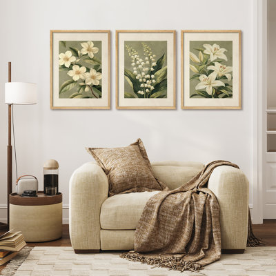 Ensemble de 3 pièces d'art botanique rétro encadrées - lis crème et plantes de jardin pour la salle à manger ou le vestibule