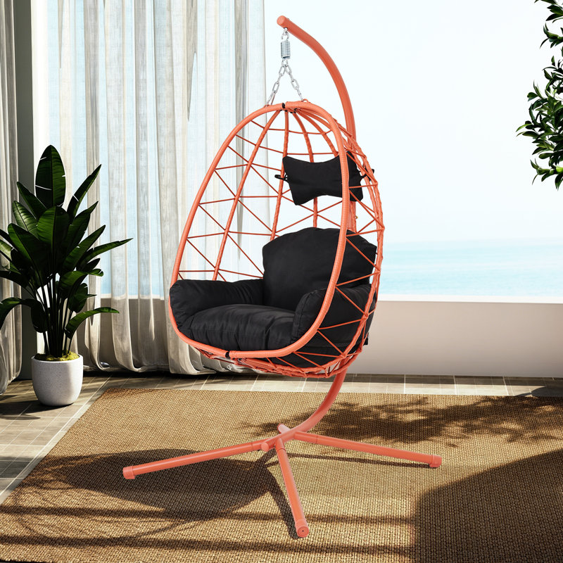 Fauteuil suspendu suspendu en osier avec support et coussin lavable pour patio, Black, Red