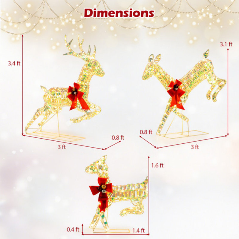 3-Piece Lighted Christmas Reindeer Family With LED Lights And Bows
