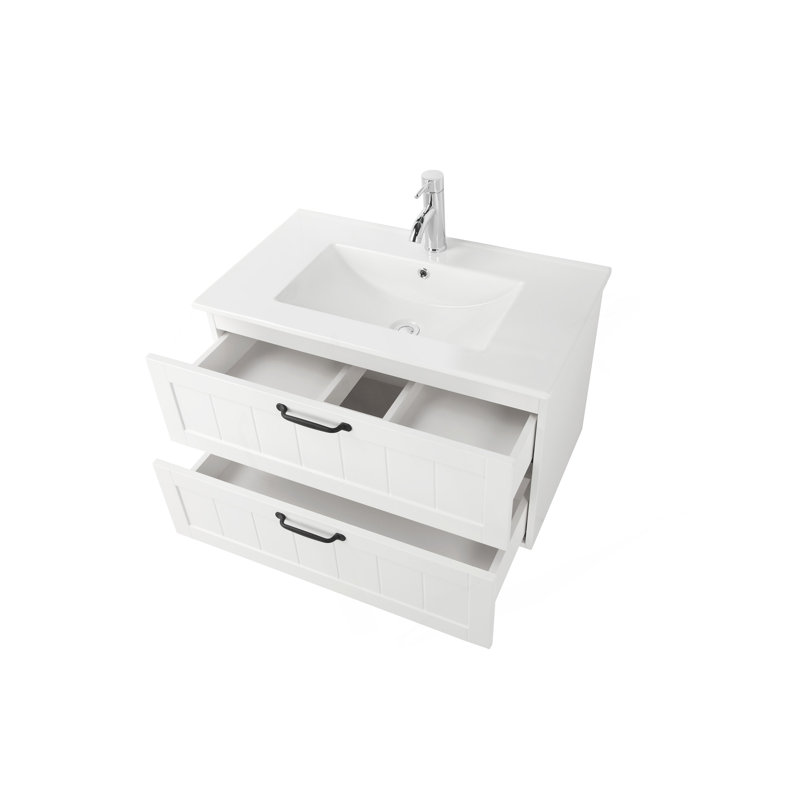 Lavabo de salle de bain en céramique blanche de 32 pouces, convient à un meuble-lavabo de 32 pouces, trou de robinet pré-percé, design minimaliste moderne, durable et facile à nettoyer