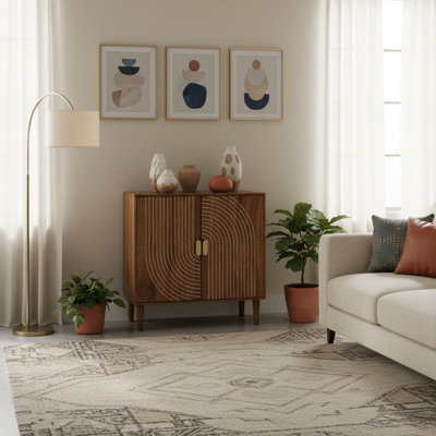 Armoire de rangement moderne avec lignes géométriques, 2 portes et tablettes réglables, idéale pour le salon, le vestibule ou la salle à manger