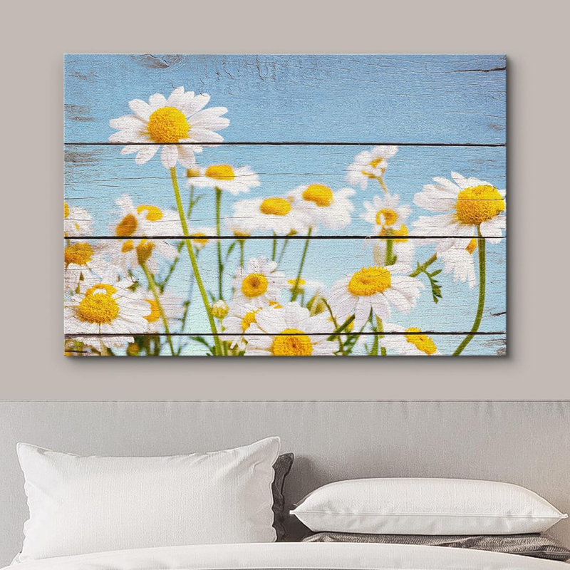 Fleur, champ de marguerites blanches sur des panneaux effet bois rétro, illustrations florales, art moderne, rustique, paysage