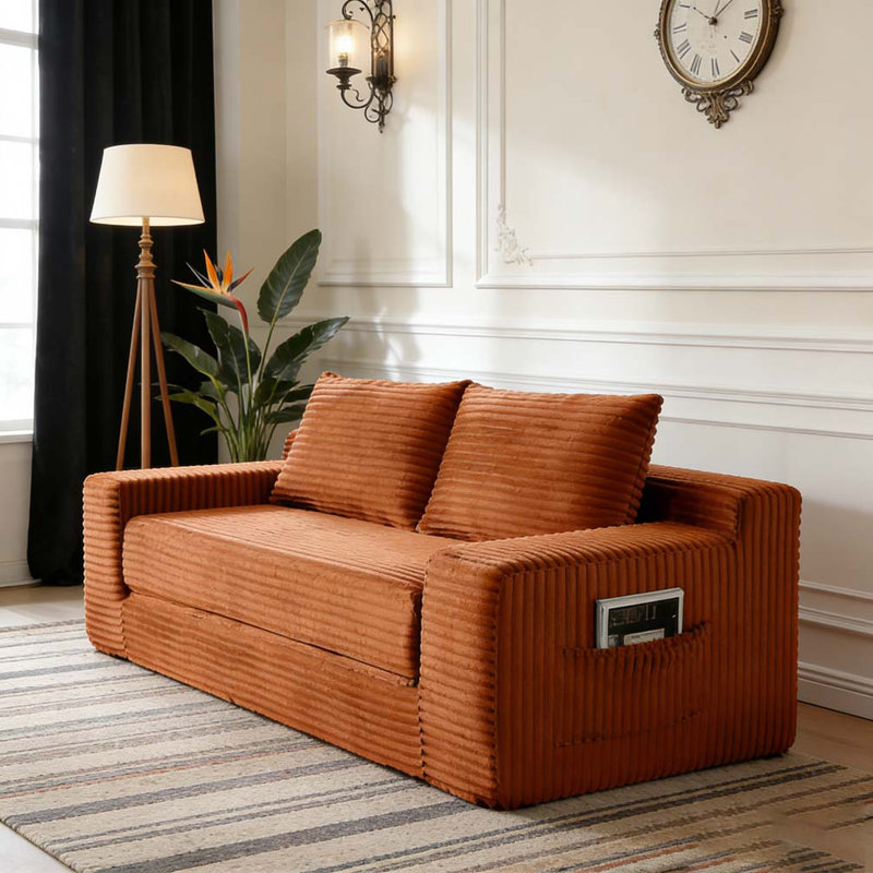 2 in 1 Convertible Folding Couch Bed,Memory Foam Cloud Loveseat Sofa, Orange