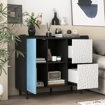 Armoire noire avec portes rouges et 2 tiroirs, buffet pour la cuisine et la salle à manger, espace de rangement supplémentaire, qualité moderne en rouge, tiroirs de rangement ouverts spacieux, cuisine, espace de vie