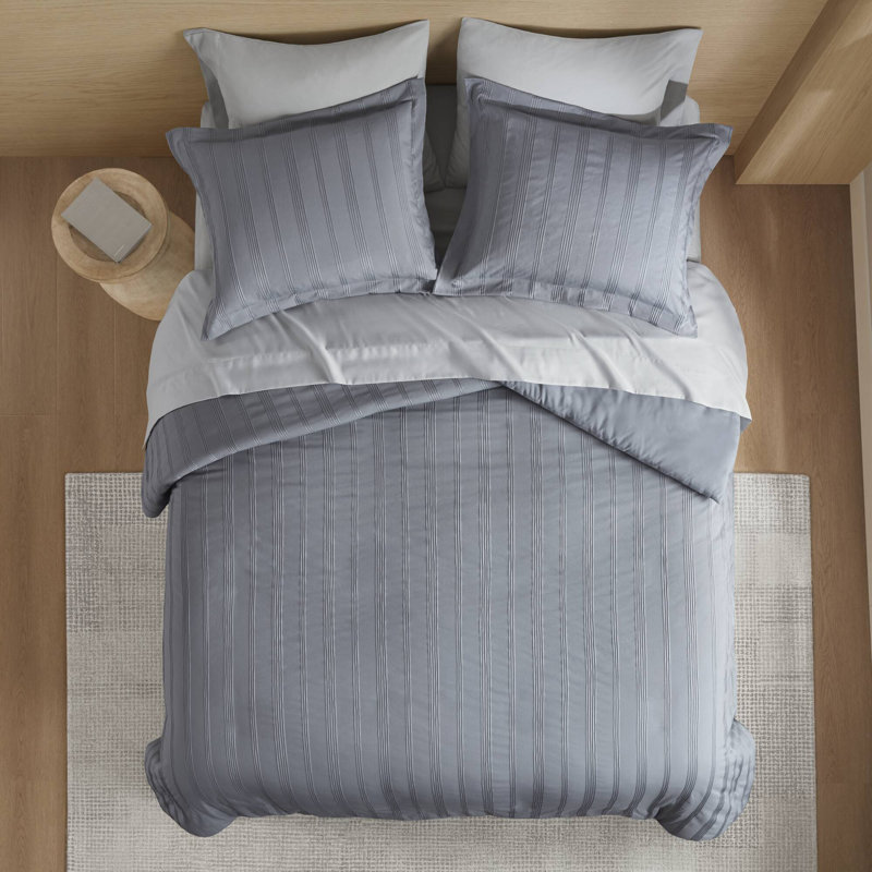 Logan Woven Striped Duvet Set, King Comforter + 2 King Shams, Blue/Gray Striped