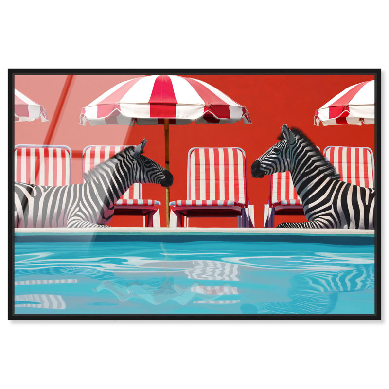 Oliver Gal Zebras Sunbathing Red Fashion & Animals - Framed Acrylic Glass Wall Art, 16" H x 24" W, Black