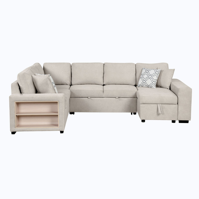 Toko Modern U-shaped Sectional Sofa With Pull Out Bed And Storage Chaise/Shelf & USB Ports, Beige Chenille