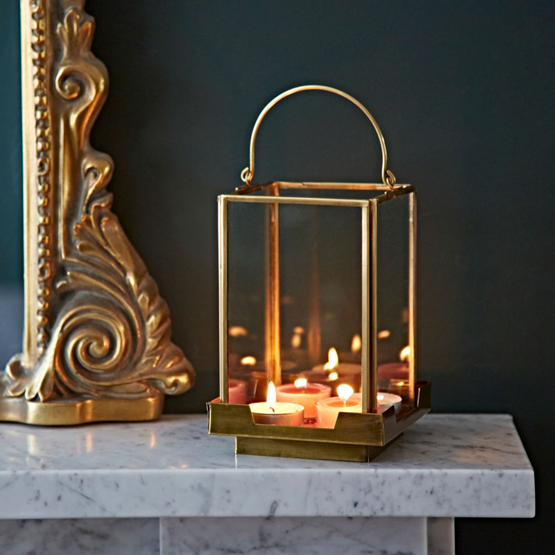 Antique Brass Candle Lantern, 18cm H x 10cm W x 10cm D