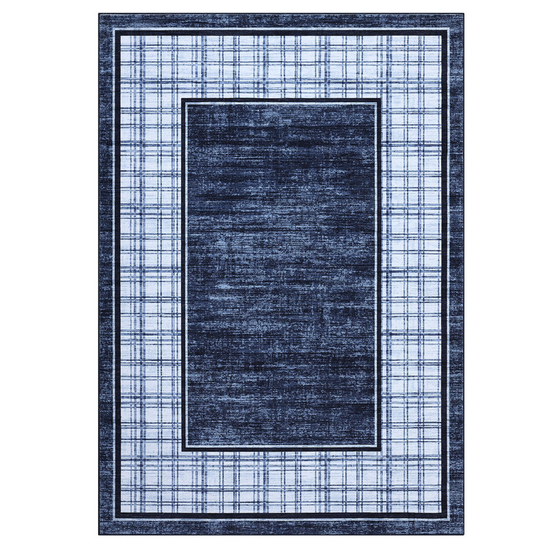 Modern Plaid Machine Washable Rug with Non-Slip Backing, Foldable Low Pile Floor Cover, Contemporary Bordered Indoor Mat for Bedroom, Living Room