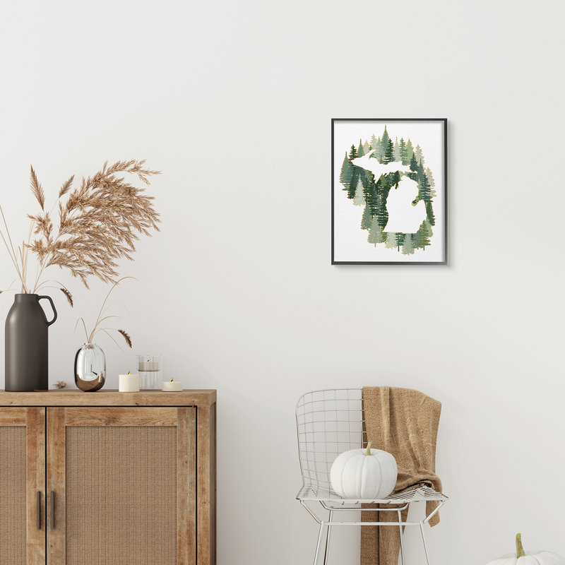 Michigan State Outline, pin vert, forêt, Giclée encadrée noir minuit, H 20 po x l 16 po