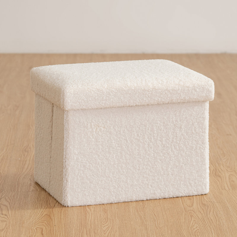 Folding Teddy Fleece Storage Ottoman With Storage, 12.2" H x 16.1" W x 12.2" D, White
