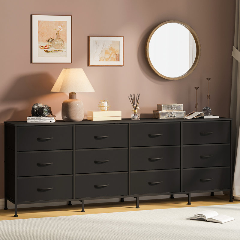 Commode 12 tiroirs en tissu, meuble télé polyvalent avec station de charge intégrée, Black