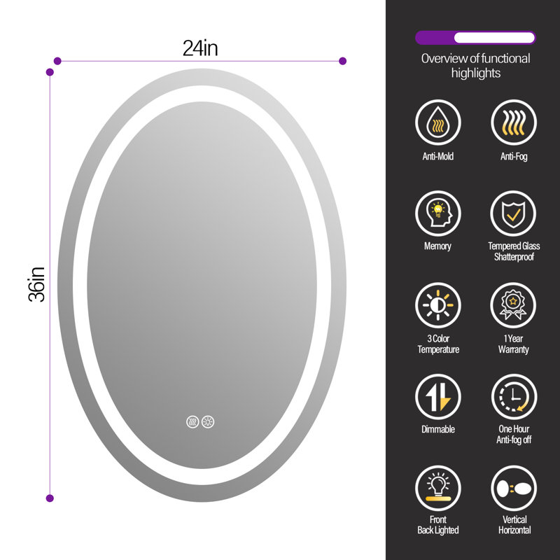 Lunara UL Certified Oval LED Wall Mirror with Bright Front Light&Backlit 192LEDs/m, 3-Colors Dimmable, Defogger, IP54 Waterproof