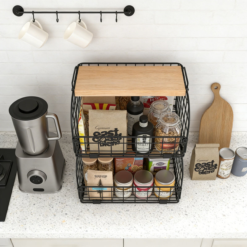 2 Set Stackable Wire Basket With Openable Top, Kitchen Counter Pantry Organizer, Produce Onion Potato Fruit Veggie Bread Bin