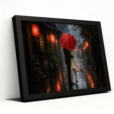 Couple Under Red Umbrella In Rainy Lantern Street Canvas Wall Art