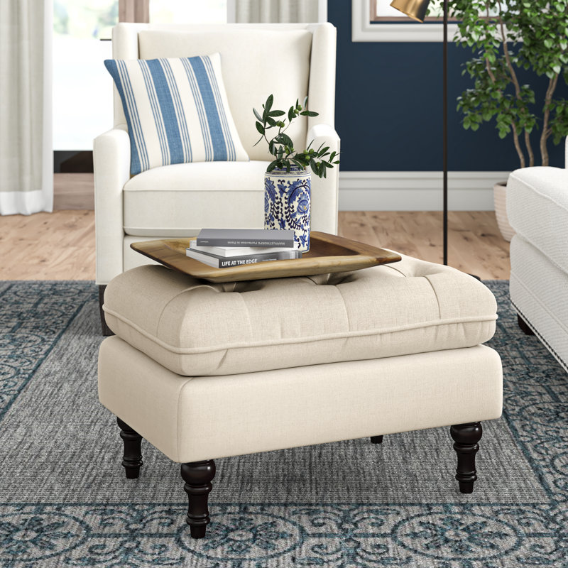Gourav Upholstered Ottoman with Pillow Top & Birch Legs, Cream