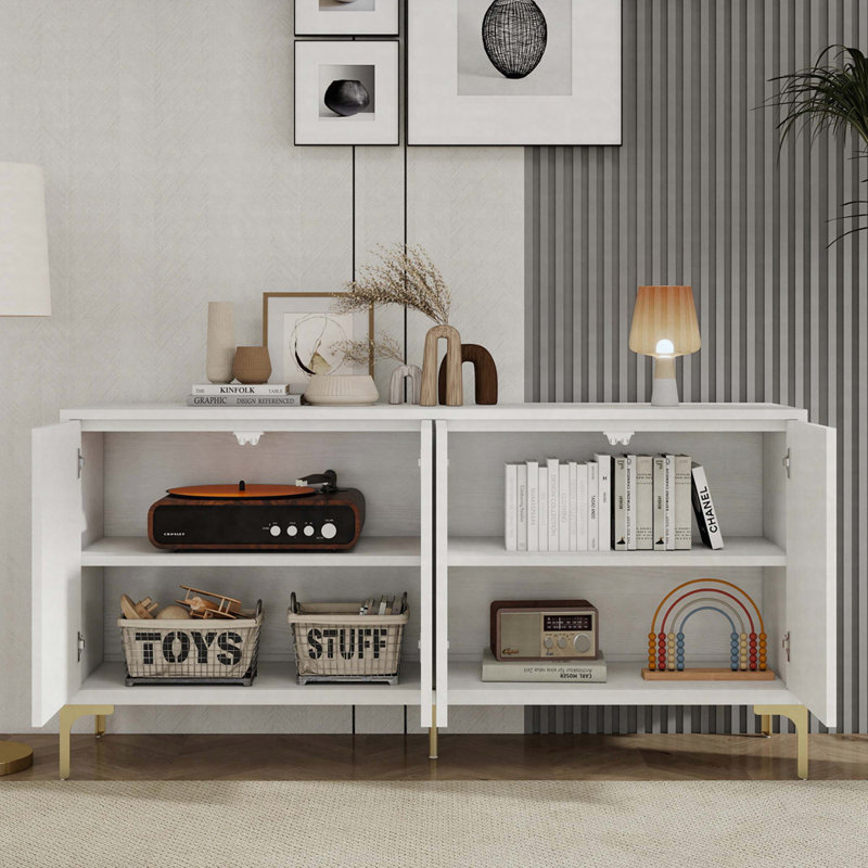 Buffet multifonctionnel à 4 portes - Rangement sculpté ultrabrillant avec tablettes réglables pour le salon, le bureau et le vestibule
