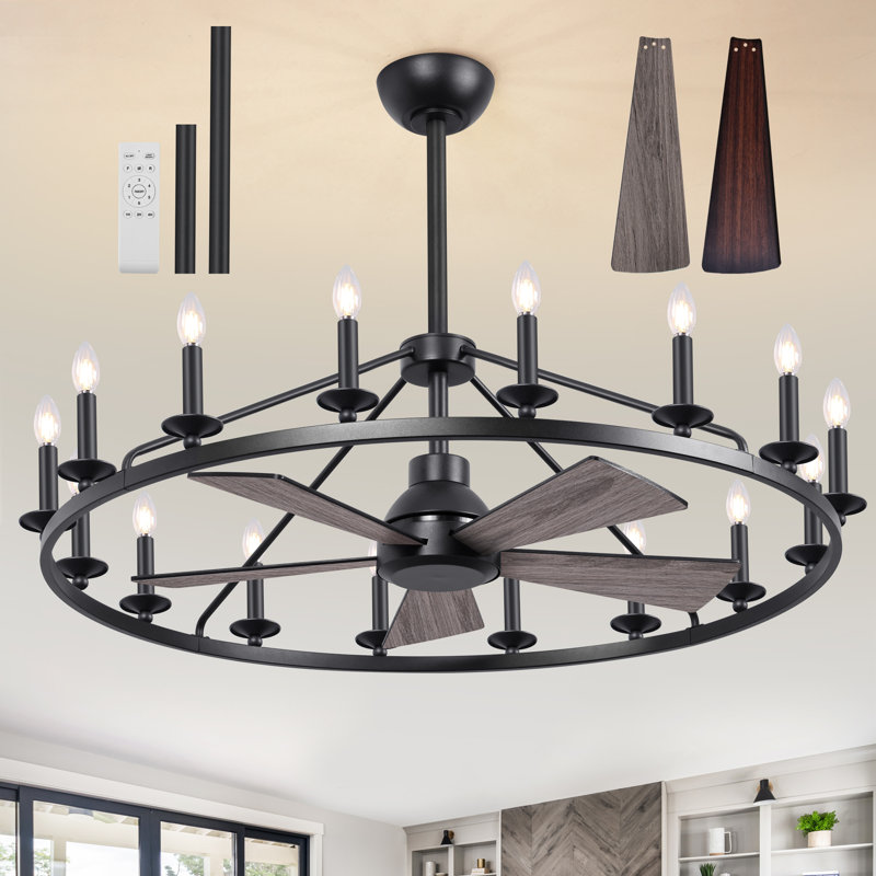 41" Wagon Wheel Chandelier with Fan, Black