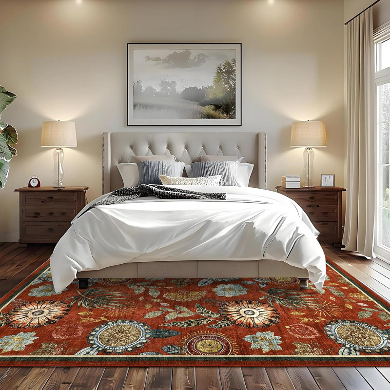 4x6 Vintage Botanical Print Area Rug, Washable Non-Slip Soft Carpet for Bedroom, Living Room, Office, Stain-Resistant, Brick Red