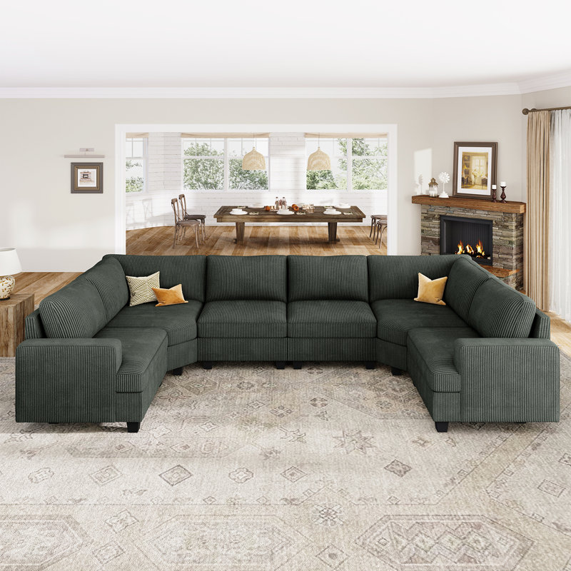 Anureet Modular U-Shaped Sectional, Green Corduroy