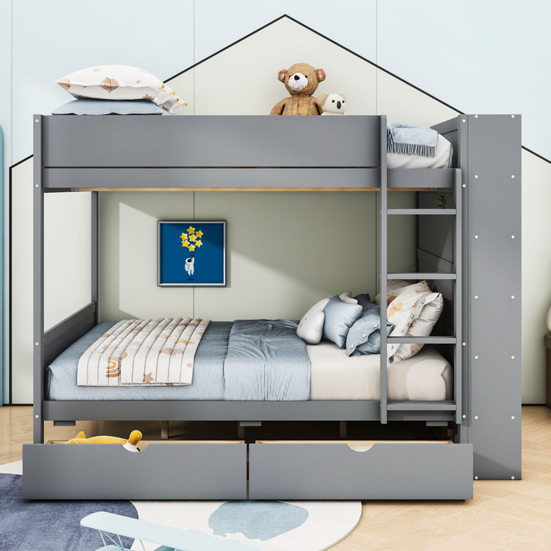 Lit superposé en bois Huesman avec deux tiroirs de rangement et tablettes multicouches, Lit superposé double sur double, Gris