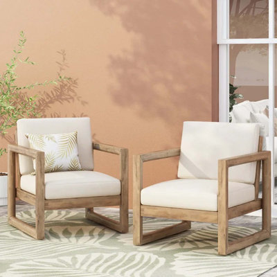 Ensemble de 2, fauteuil club d'extérieur en bois d'acacia, meubles de patio en bois, coussins épais et imperméables pour porche, jardin, cour arrière, balcon