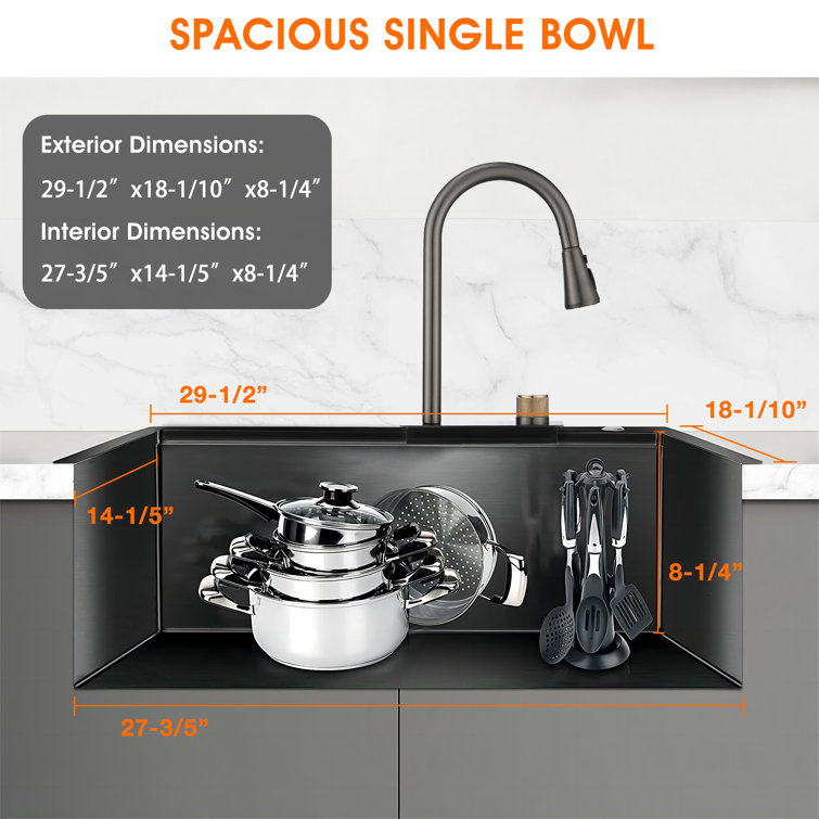 Kinnls Kitchen Sink Stainless Steel Undermount Black Nano Flying