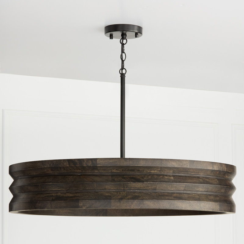 30" W x 18" H 4-Light Chandelier in Matte Black and Handcrafted Mango Wood in Espresso Stain