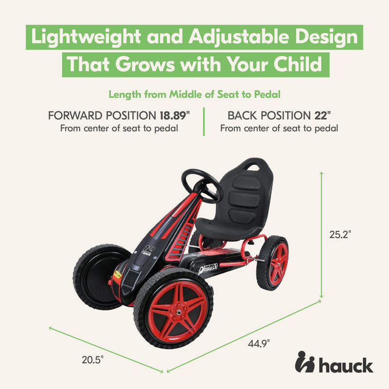 hauck Hurricane Racing Go Kart w/ Low Profile Rubber Tires, Handbrake Design, Red, Red