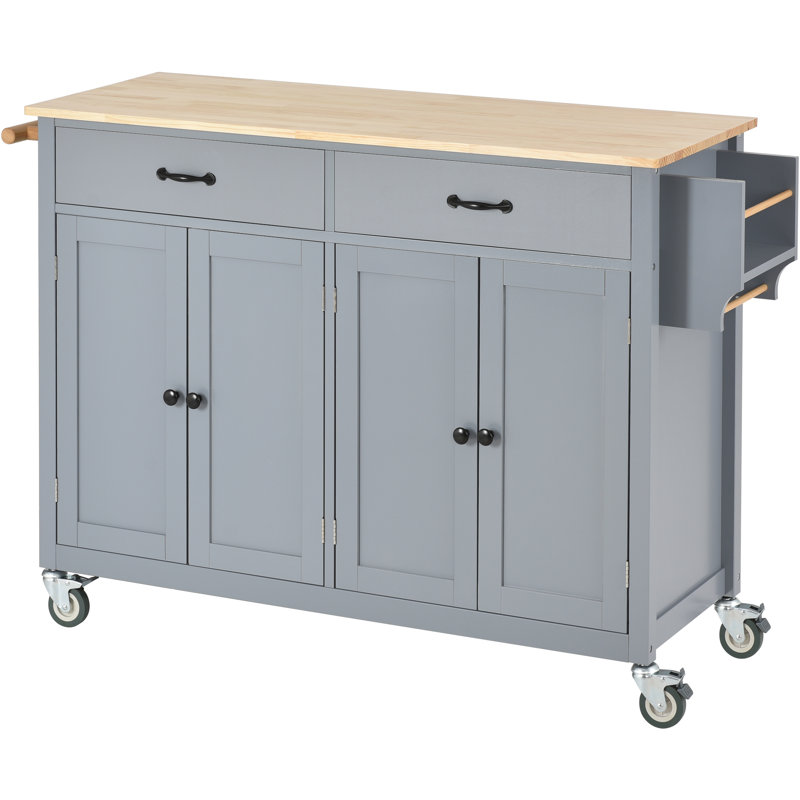 Kitchen Island Cart, 54.3" Wide, Solid Wood Top, Locking Wheels, Cabinet, 2 Drawers, Spice & Towel Rack, Blue | Gift Idea