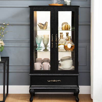 Vitrine avec portes en verre éclairées, tablettes réglables, lumières DEL, tiroir caché et poignées en métal rétro