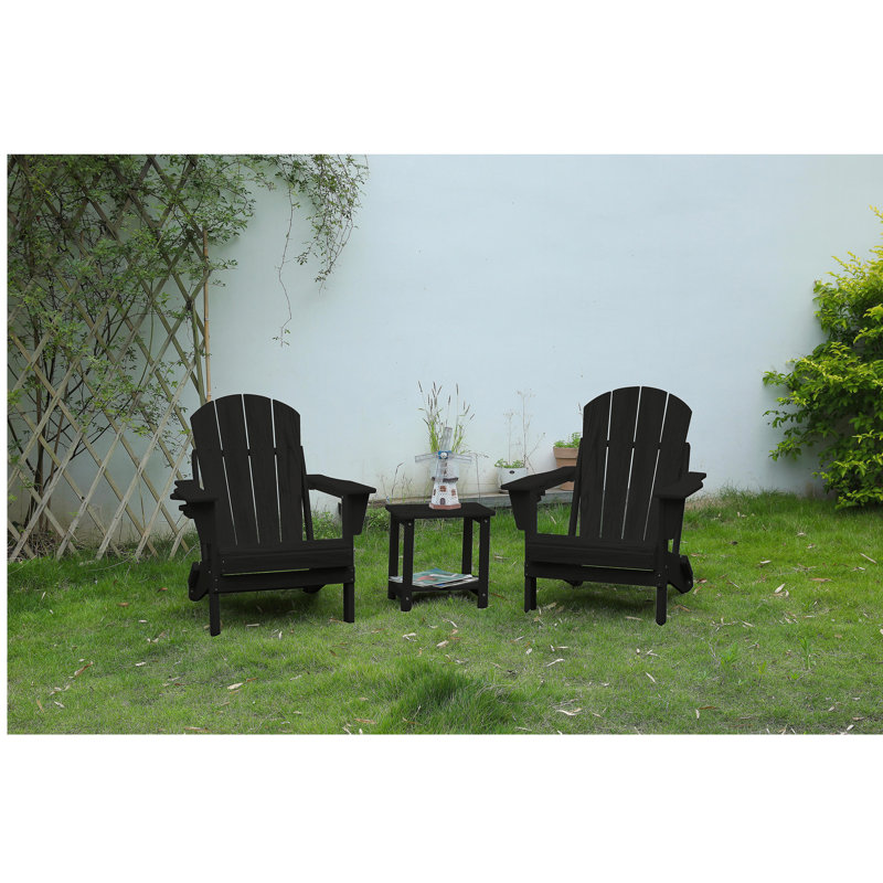 Folding Adirondack Chair with Side Table, 3-Piece Adirondack Chair Set with Wood Texture, Black(includes 2 Chairs and 1 Table)