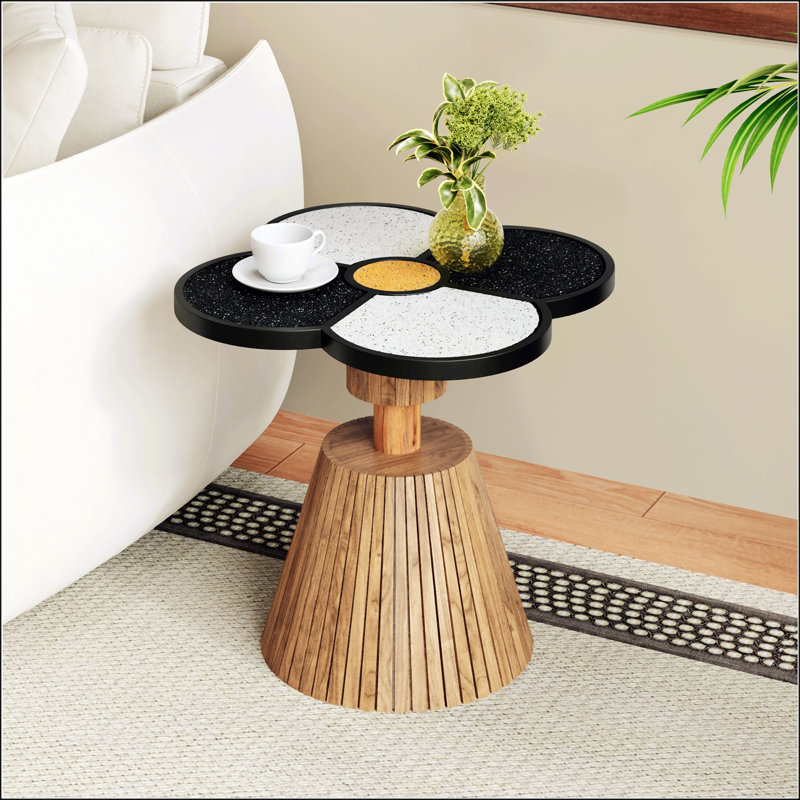 Table d'appoint unique à quatre feuilles et trèfle pour le salon, la chambre à coucher et les petits espaces - Table décorative avec base en grain de bois